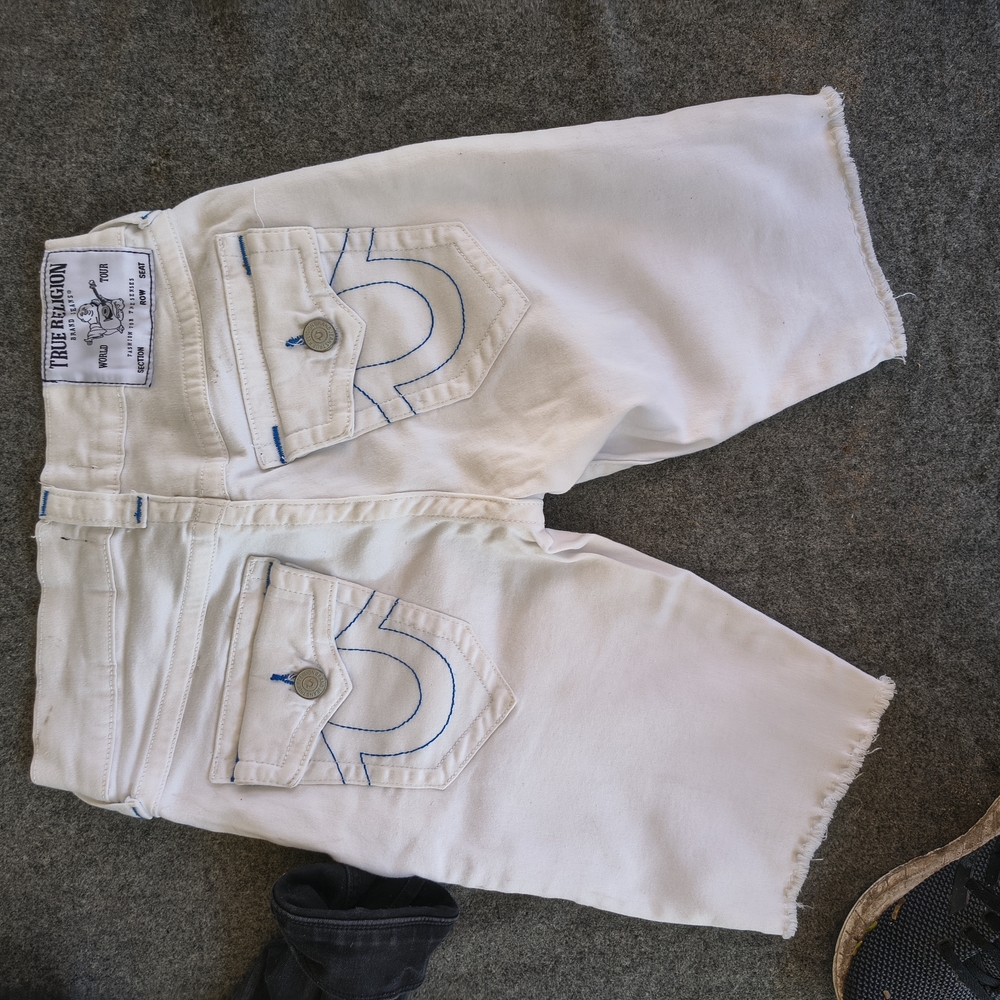 True Religion Men's White Denim Shorts with Blue Stitching